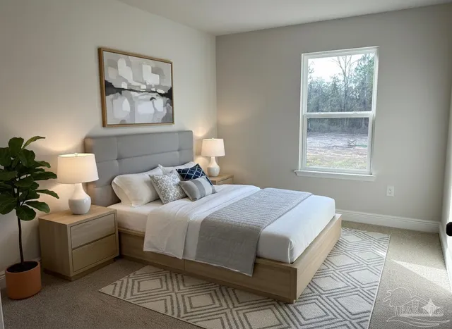 a bedroom with a bed and a potted plant