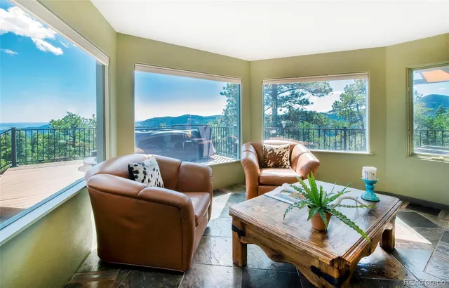 a living room with furniture and a floor to ceiling window