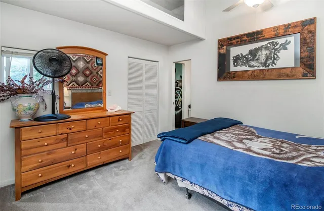 a bedroom with a bed and cabinets
