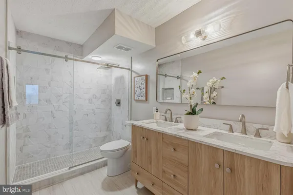 a bathroom with a double vanity sink toilet mirror and shower
