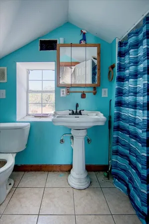 a bathroom with a sink a toilet and mirror