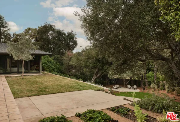 a view of a backyard with large trees
