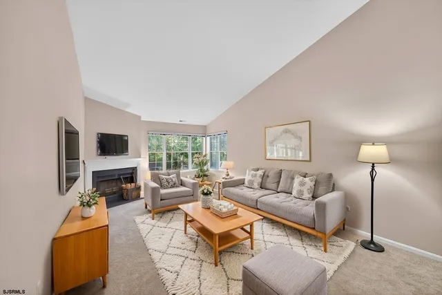 a living room with furniture a flat screen tv and a fireplace