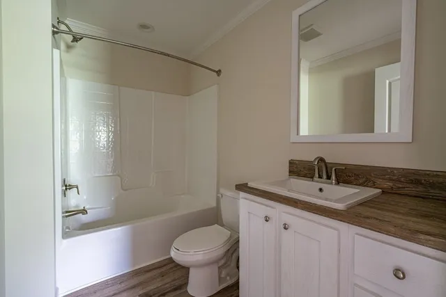 a view of a yard with plants and large trees