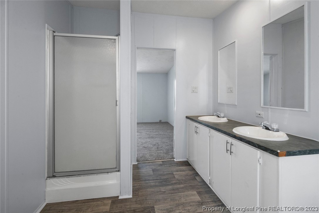 67 Apache Drive Parkton, NC 28371 - Photo 13 of 18 a bathroom with a double vanity sink and a mirror