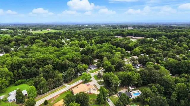 a view of a city with lush green forest
