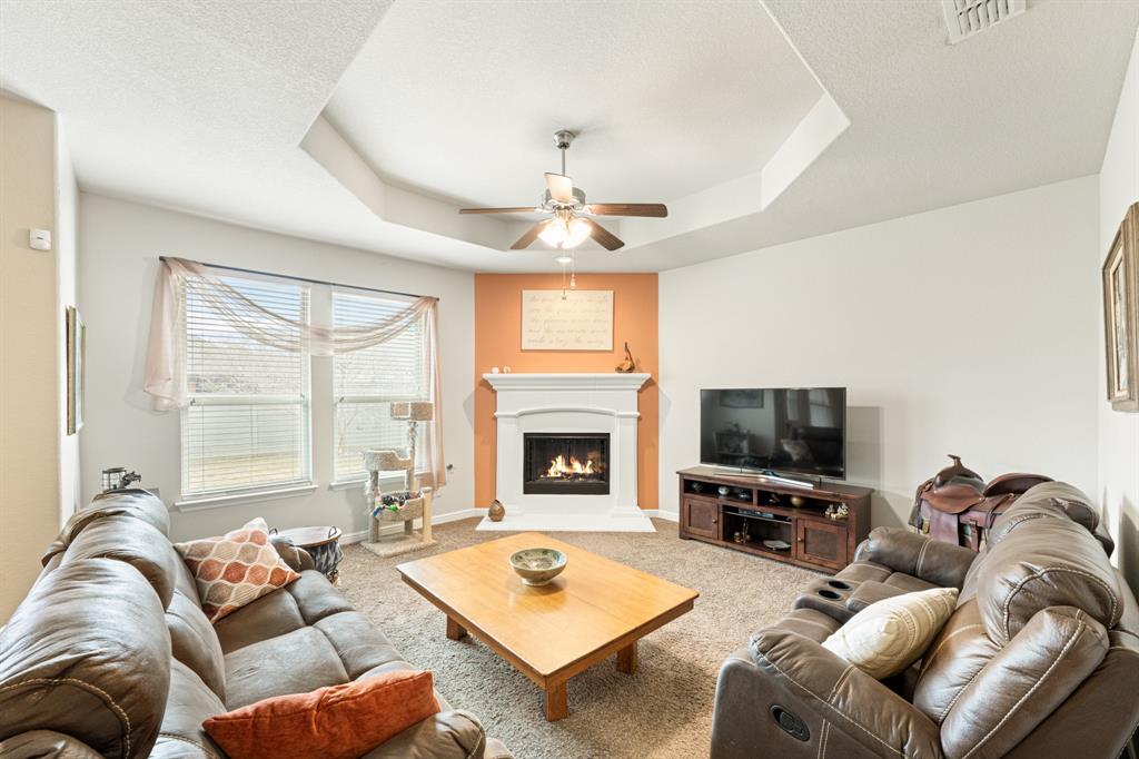 916 Falcon Road Argyle, TX 76226 - Photo 20 of 37 Living room featuring carpet floors, ceiling fan, and a tray ceiling
