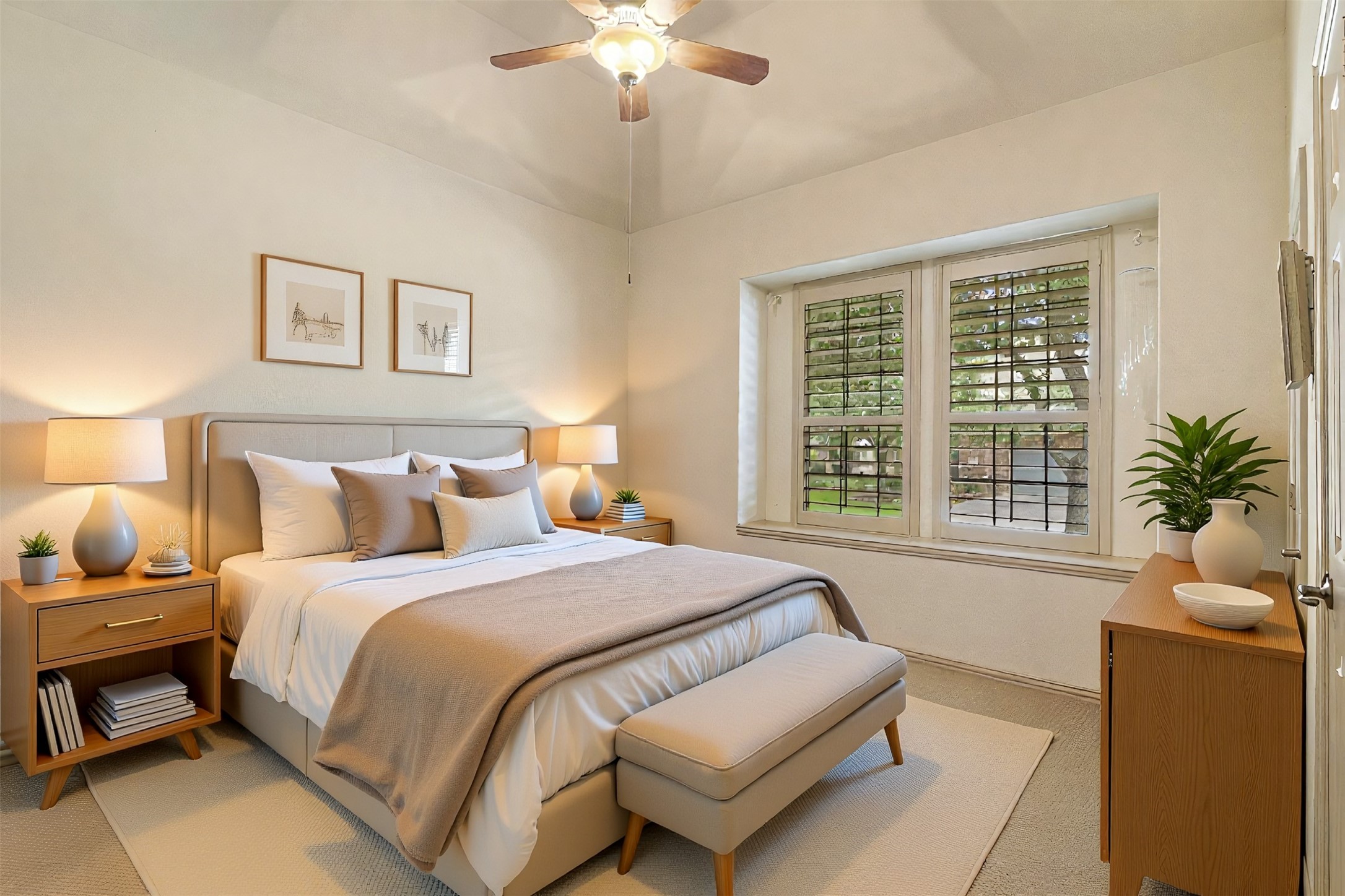 19507 Remington Manor Street Spring, TX 77379 - Photo 20 of 33 Another secondary bedroom with carpet, ceiling fan and bay window with shutters. **Virtually Staged**
