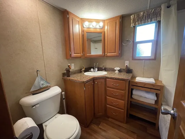 a bathroom with a toilet sink and mirror