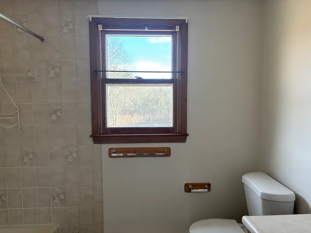 a white toilet sitting next to a window