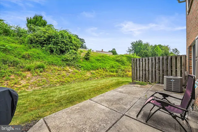 a view of a garden with chair and table