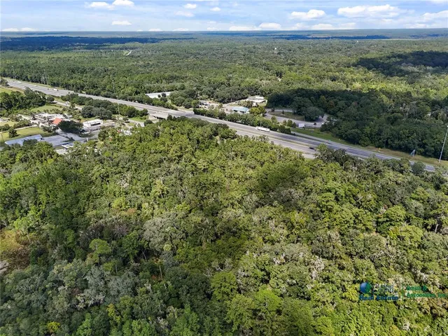 an aerial view of residential houses with outdoor space and trees