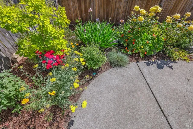 a view of a chair and table in backyard of the house
