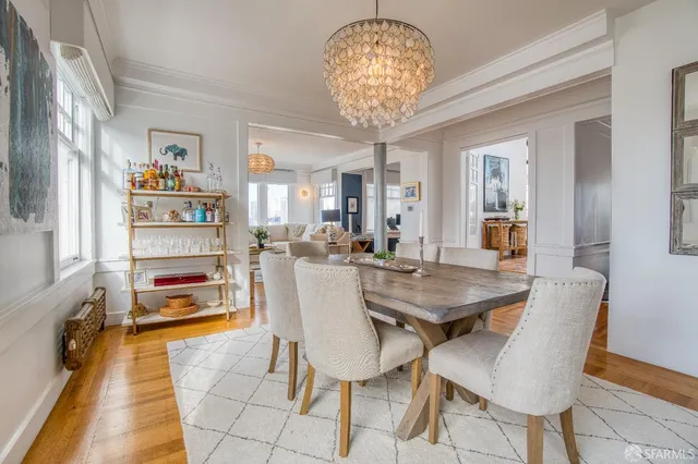 a view of a dining room with furniture