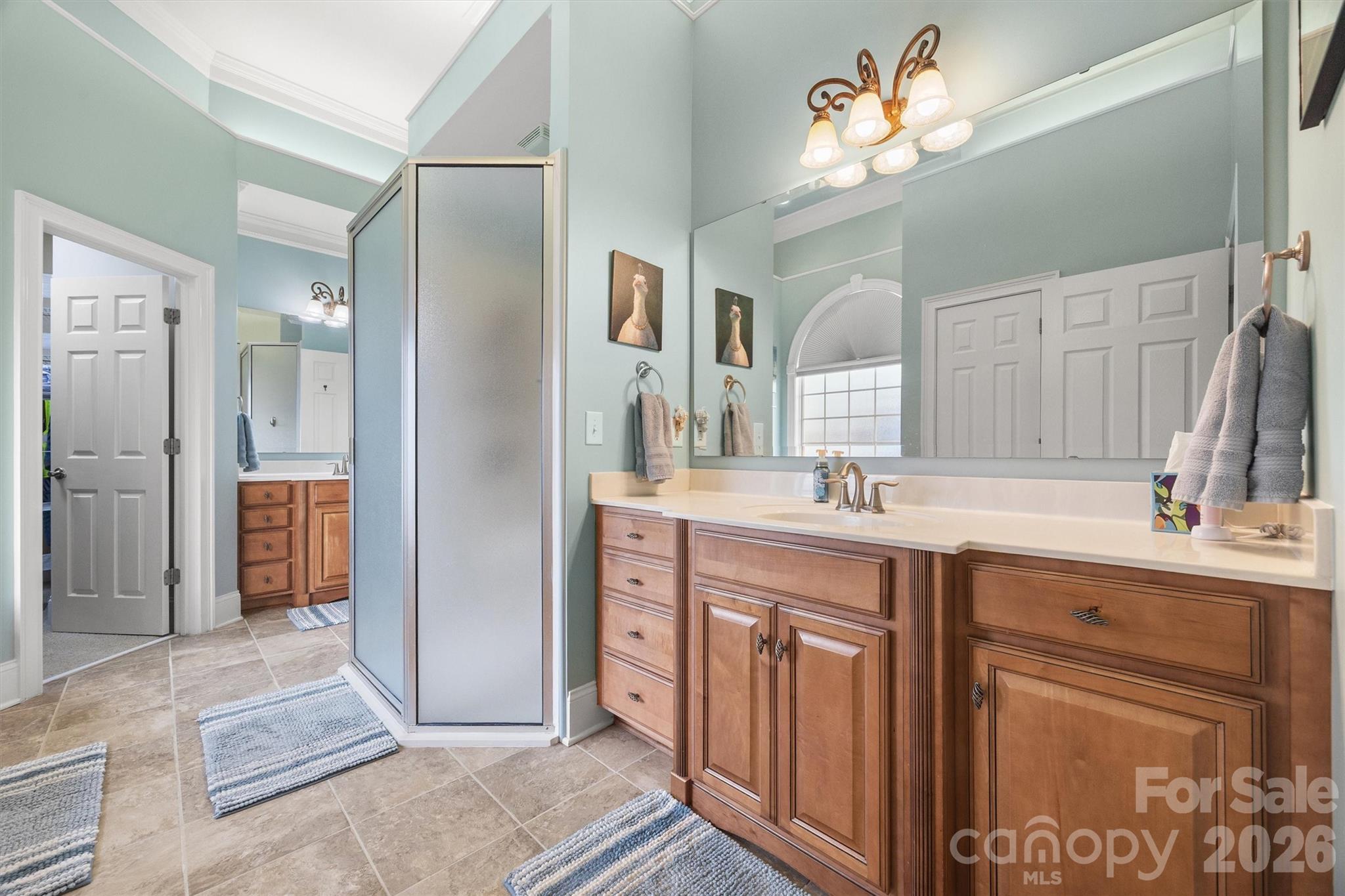 1177 Springlake Road York, SC 29745 - Photo 23 of 48 a spacious bathroom with a double vanity sink a mirror and a shower