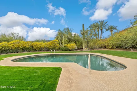 a view of a swimming pool with a yard