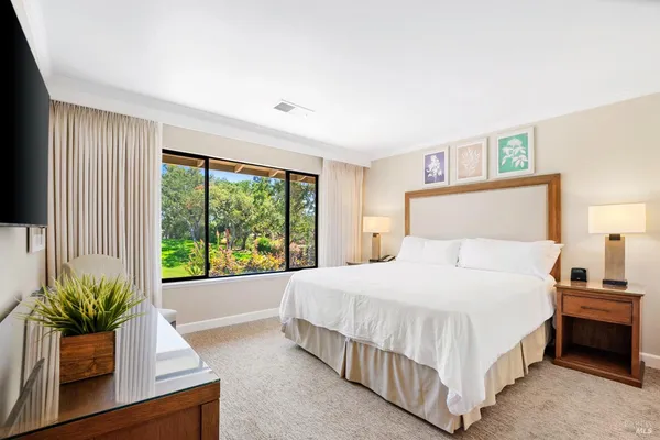 a bed room with a bed and a television