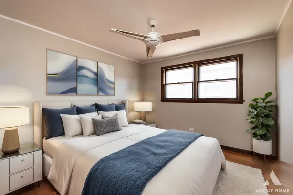 a bedroom with a large bed and a window