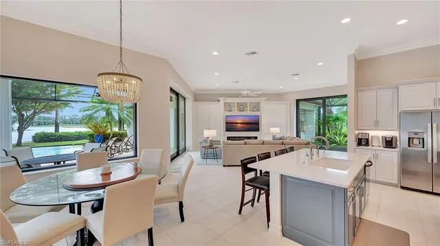 a view of a dining room with furniture window and outside view
