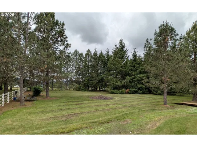 a view of a field with trees in the background