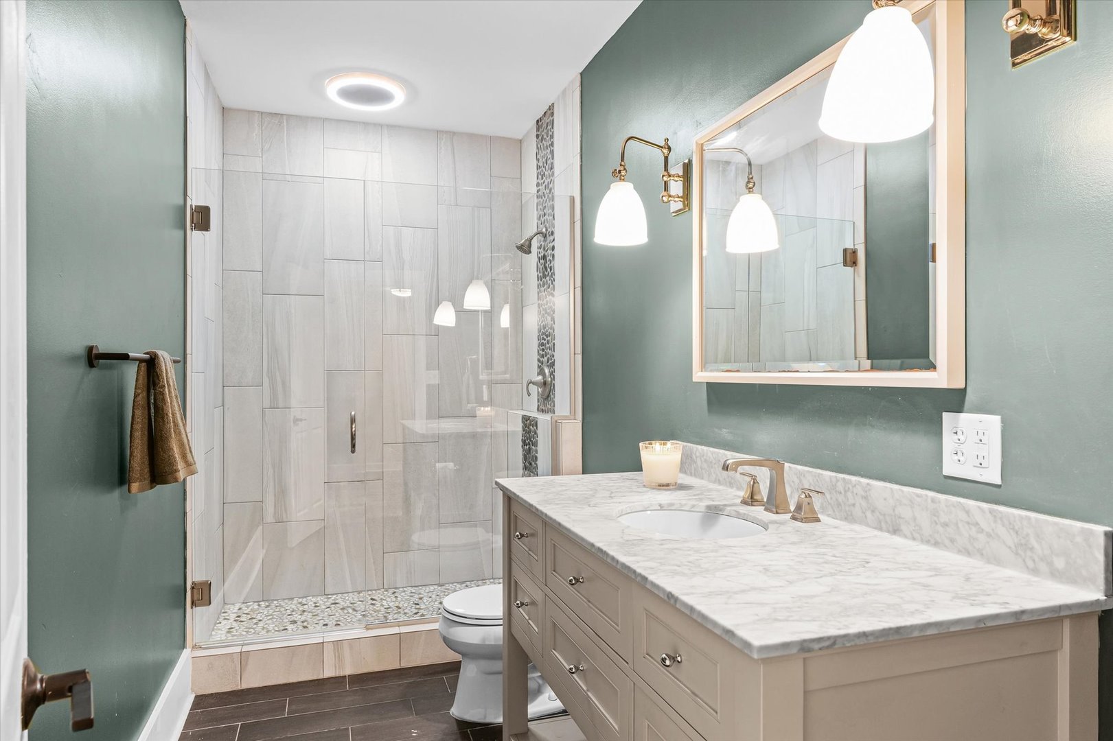 313 London Way Savoy, IL 61874 - Photo 57 of 85 a bathroom with a granite countertop sink mirror and shower