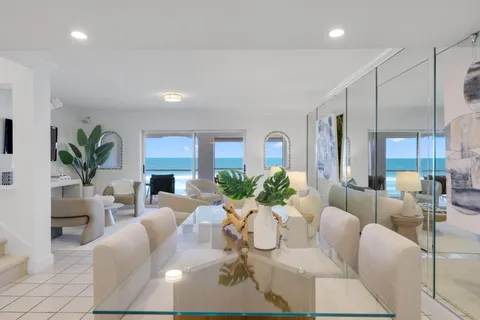 a living room with furniture potted plant and a large window