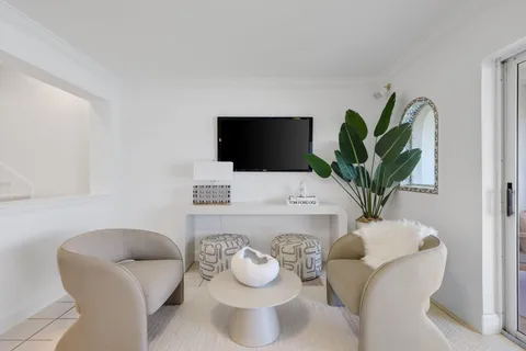 a living room with furniture and a potted plant