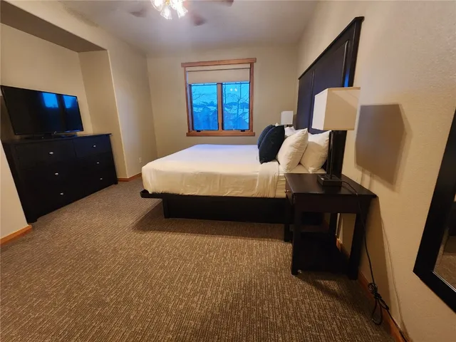 a bedroom with a bed and a television