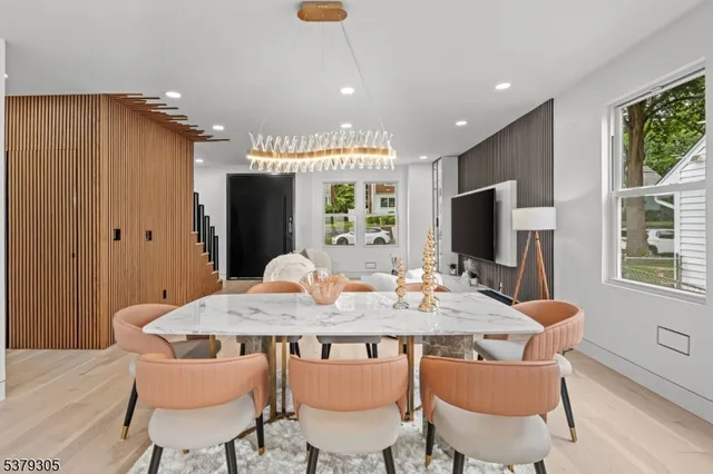 a view of a dining room with furniture