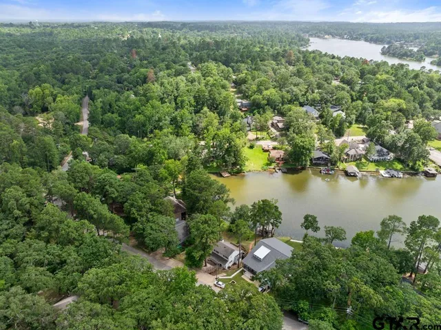 an aerial view of city lake and trees