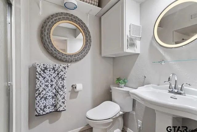 a bathroom with a toilet a sink and a mirror