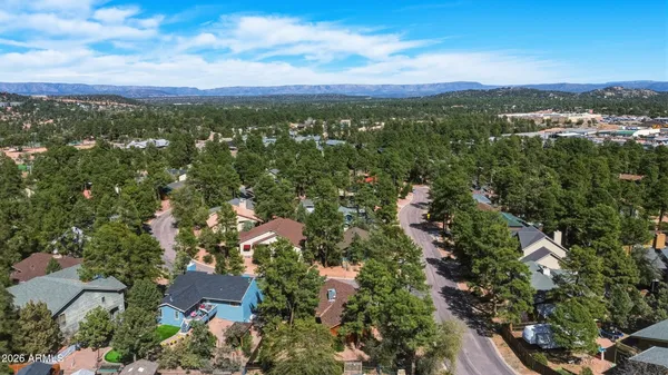 an aerial view of residential houses with outdoor space and trees