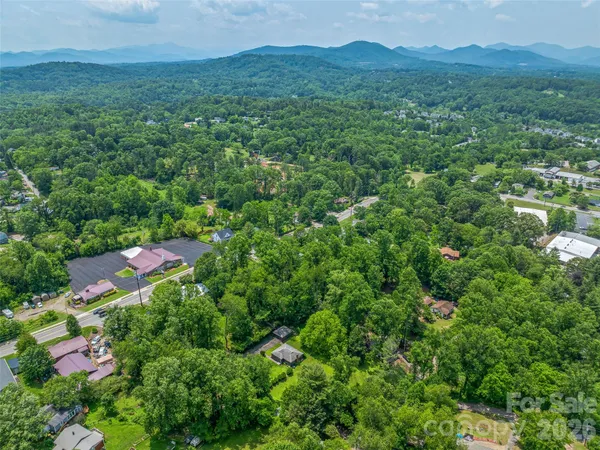 a view of a lush green forest with a house