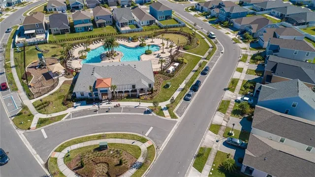 an aerial view of a house with a swimming pool
