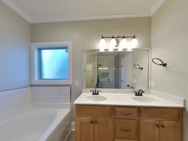 a bathroom with a double vanity sink mirror and shower