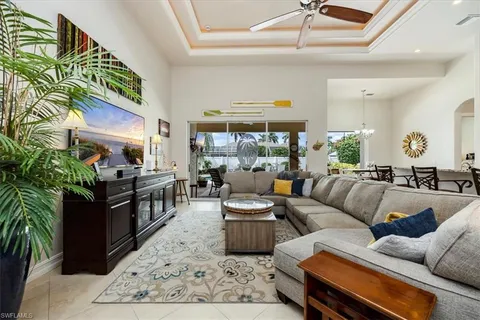 a living room with furniture a rug and a potted plant