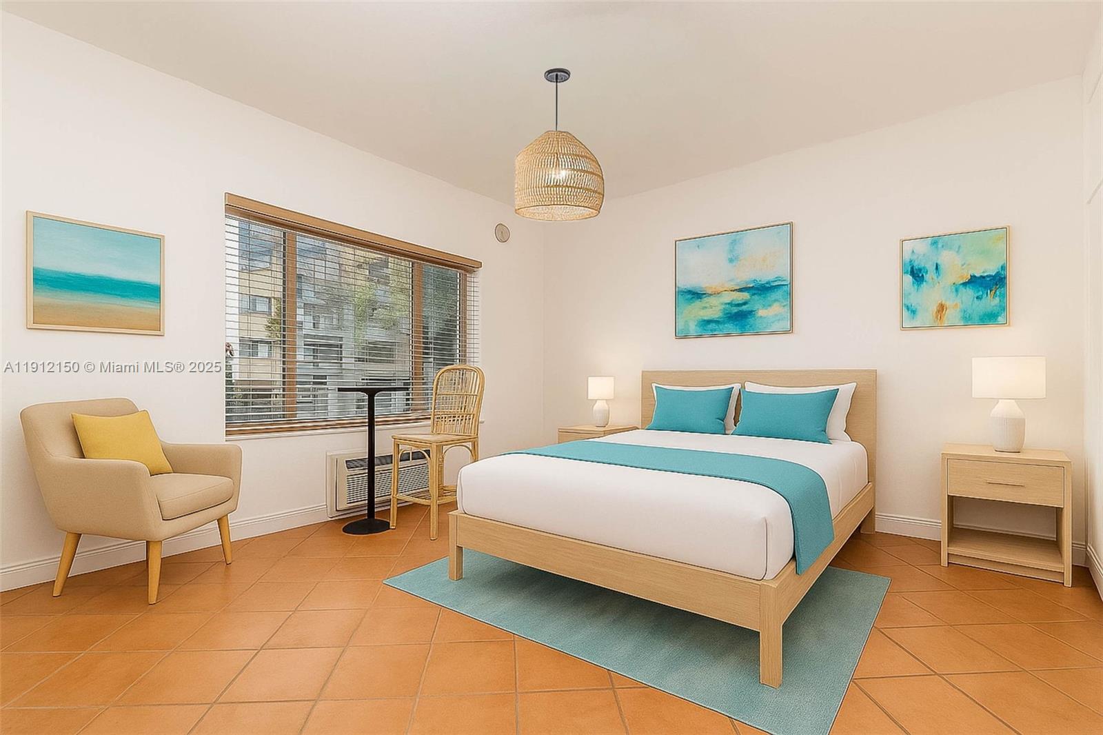 a bedroom with a bed chairs and two windows