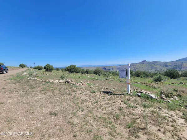 a view of a dry yard with mountains in the background
