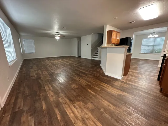a view of a backyard with plants and large trees