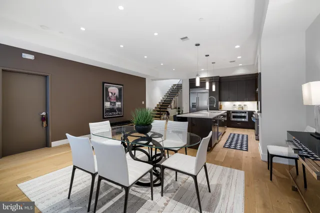 a view of a dining room with furniture