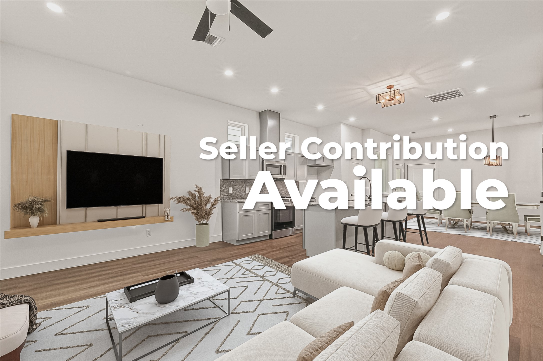 This modern open-plan living space features a sleek kitchen with gray cabinets and stainless steel appliances, an island with bar seating, and a cozy lounge area. The engineer wood  floors and neutral tones create a warm ambiance, complemented by a stylish staircase leading to the upper level.- Virtual Staging