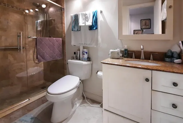 a bathroom with a granite countertop toilet sink and mirror