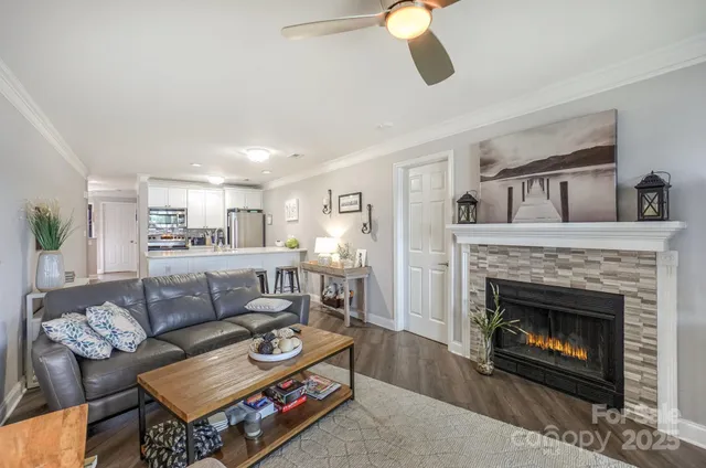 a living room with furniture a fireplace and a flat screen tv
