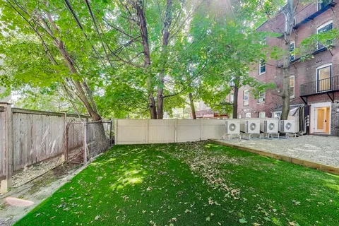 a view of a backyard with a tree