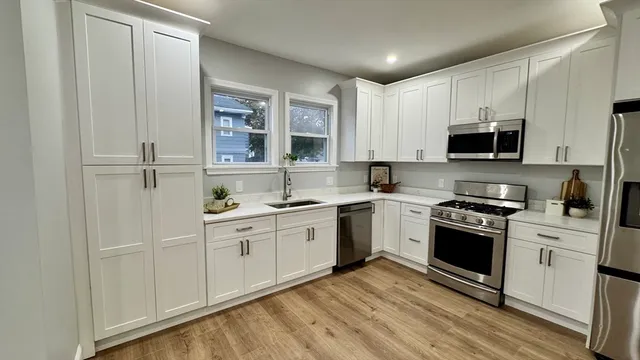 a kitchen with a refrigerator stove and sink
