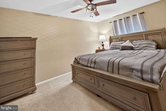 a bedroom with a bed and a ceiling fan