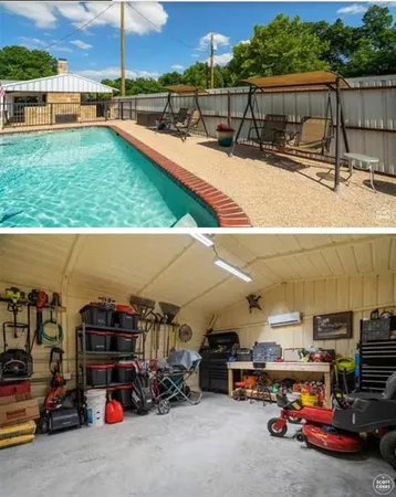 a view of a swimming pool with a garden and trees