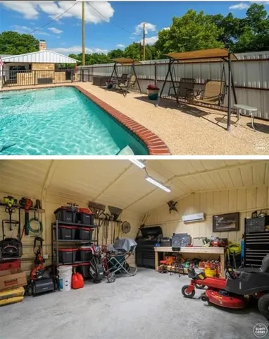 a view of a swimming pool with a garden and trees