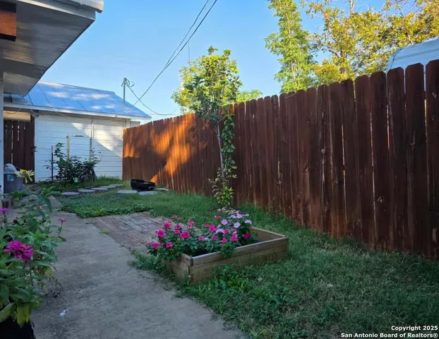 a view of a potted flower in a yard with swimming pool