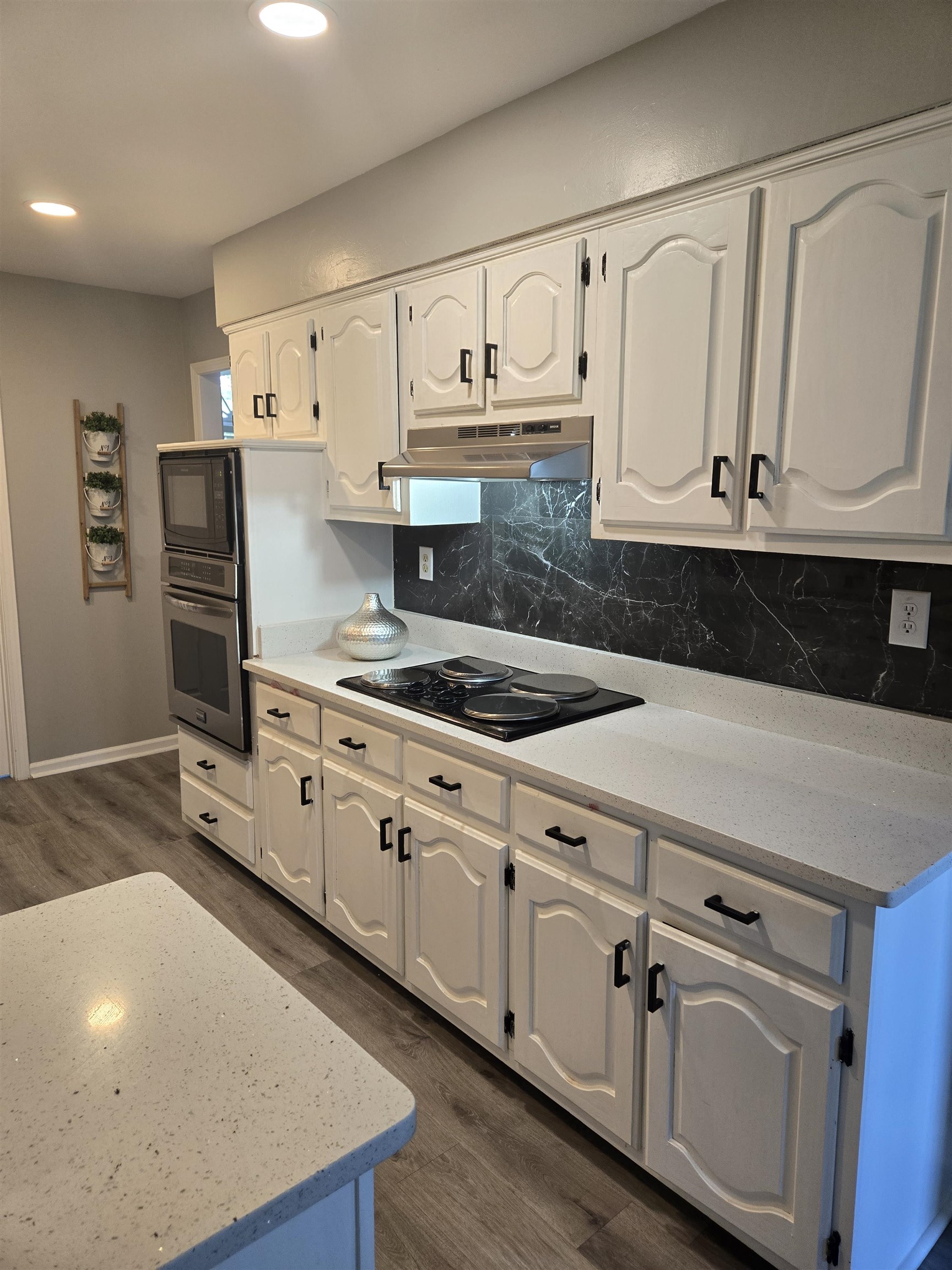 3950 Bobby Jones Road Memphis, TN 38125 - Photo 14 of 21 Kitchen with black appliances, dark wood finished floors, white cabinets, and under cabinet range hood
